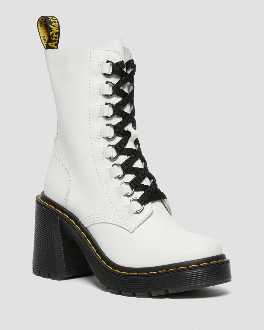 Dr. Martens Chesney Lær Flared Heel Snørestøvler Dame Hvite [2834KTWVR]